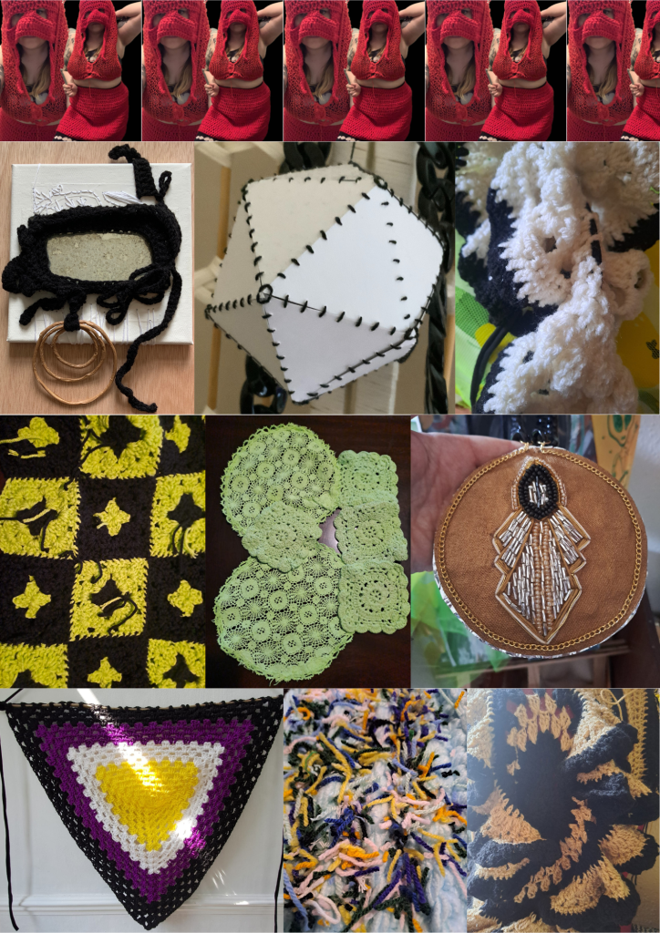 A series of images showcasing diverse fibre art pieces, including intricately crocheted garments, decorative crochet motifs, and layered textile artworks, symbolizing queer identity and neurodivergence.